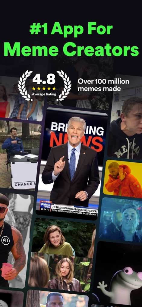 Piñata Farms Meme Generator - Discover the app's impressive scale, proudly displaying over 100 million memes made and an exceptional 4.8 average rating.