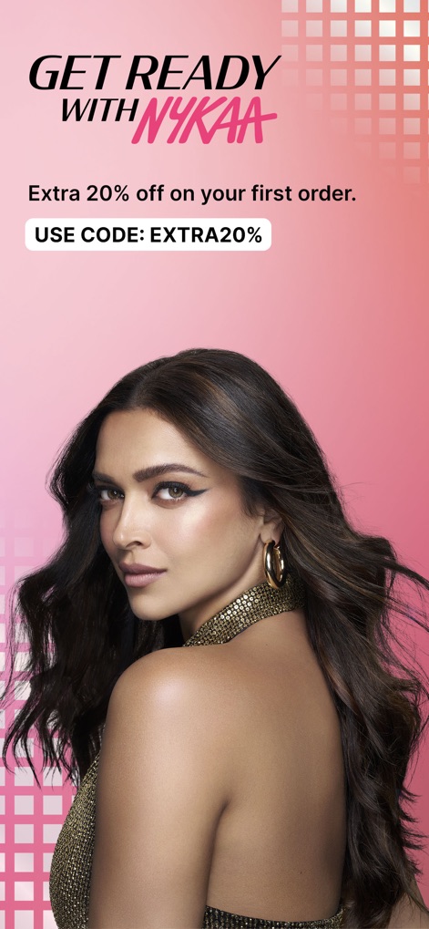 Nykaa – Makeup/Beauty Shopping - L'app accoglie gli utenti con lo slogan "GET READY WITH NYKAA" e un'offerta speciale del "20% di sconto" sul primo ordine, invitando all'acquisto immediato.