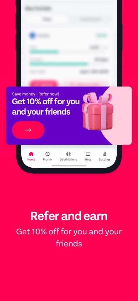 GoMoWorld: Travel eSIM | Data - The app features a "Refer and earn" program, highlighted by a "Save money" banner offering "10% off for you and your friends."