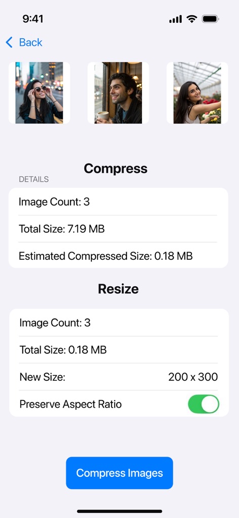 Compress Photos, Resize Image - Users can review comprehensive details like 'Total Size' and 'Estimated Compressed Size' for multiple images, while adjusting dimensions with the 'Preserve Aspect Ratio' toggle.