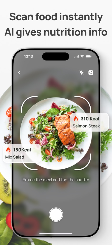 AI Calorie Counter & Meal Plan - The app demonstrates its core functionality with a camera interface ready to 'Frame the meal and tap the shutter', and instantly displays estimated calories like '150 Kcal Mix Salad'.
