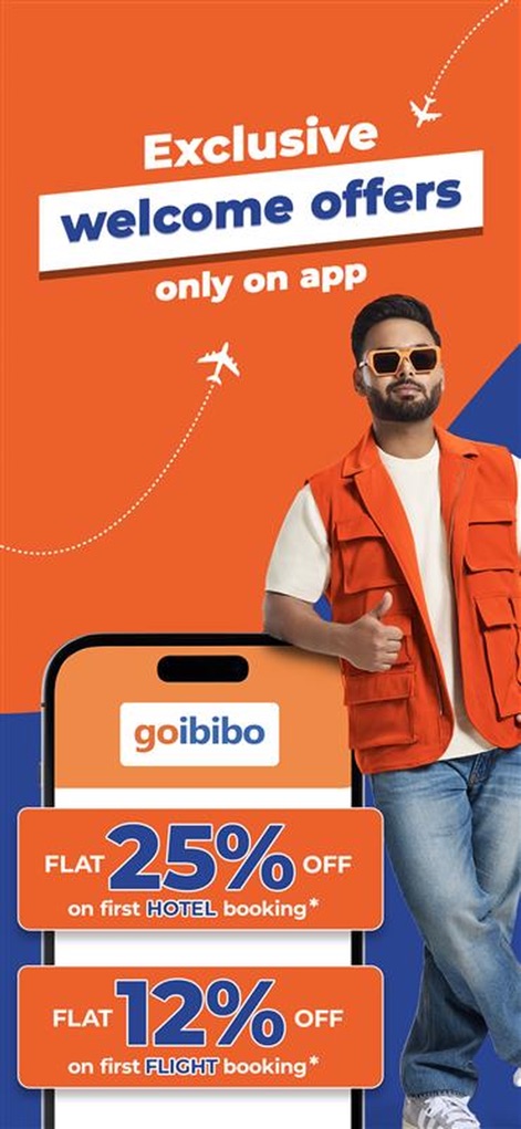 Goibibo: Flight, Hotel & Train - The app clearly displays the "FLAT 25% OFF" for hotel bookings and "FLAT 12% OFF" for flight bookings, welcoming new users with significant savings.