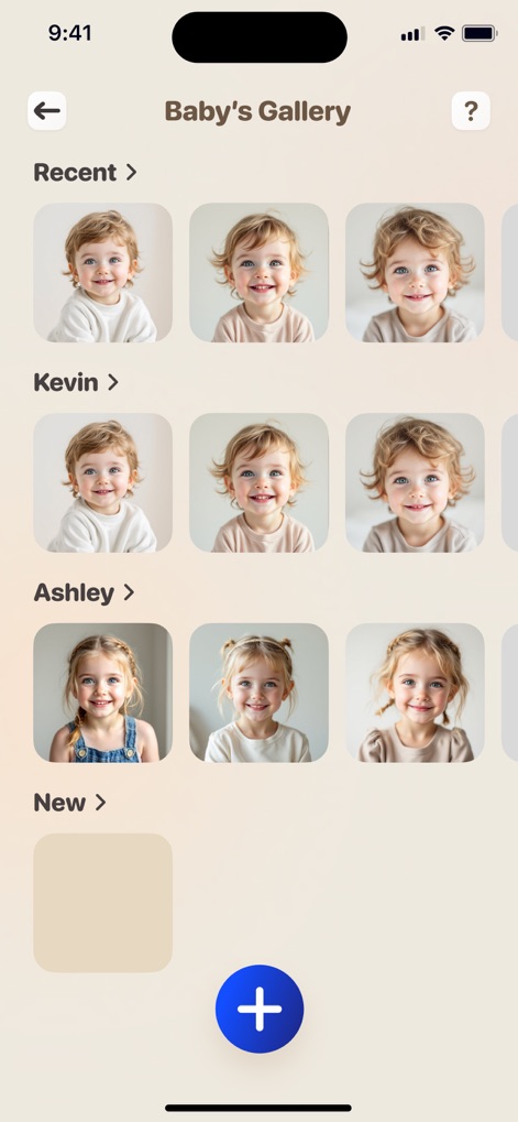 Future Baby Generator・AI Face - La "Baby's Gallery" centralise toutes les créations, classées par des collections thématiques comme "Kevin" ou "Ashley" pour une navigation intuitive.