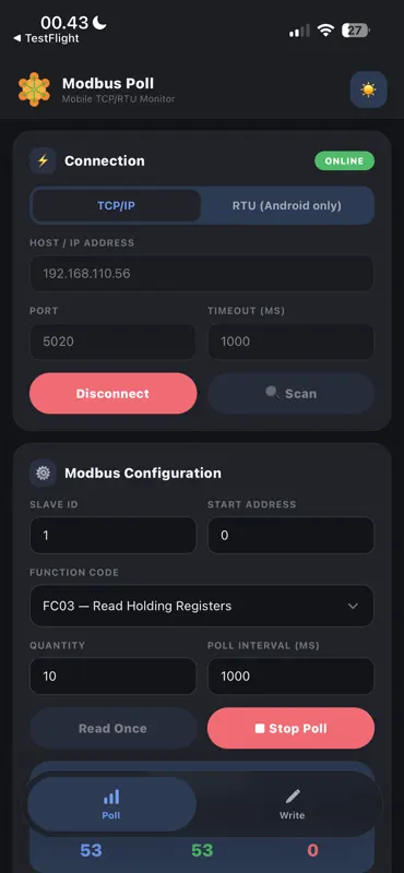 Modbus Poll Mobile screenshot 1 of 5