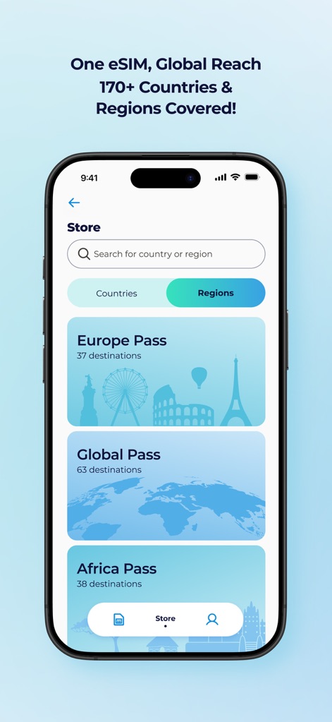 Orbit Mobile: Travel eSIM - This screen showcases the convenience of regional eSIM passes, featuring options like the "Europe Pass" and the "Global Pass" for extensive coverage.
