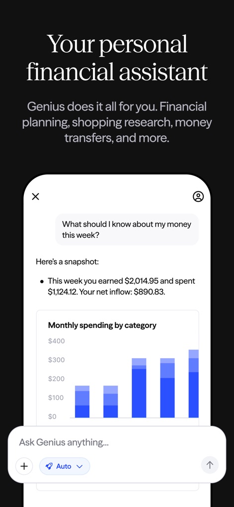 Albert: Budgeting and Banking - Discover how this tool leverages its Genius AI assistant to provide personalized financial snapshots and visualize monthly spending trends with intuitive bar charts.