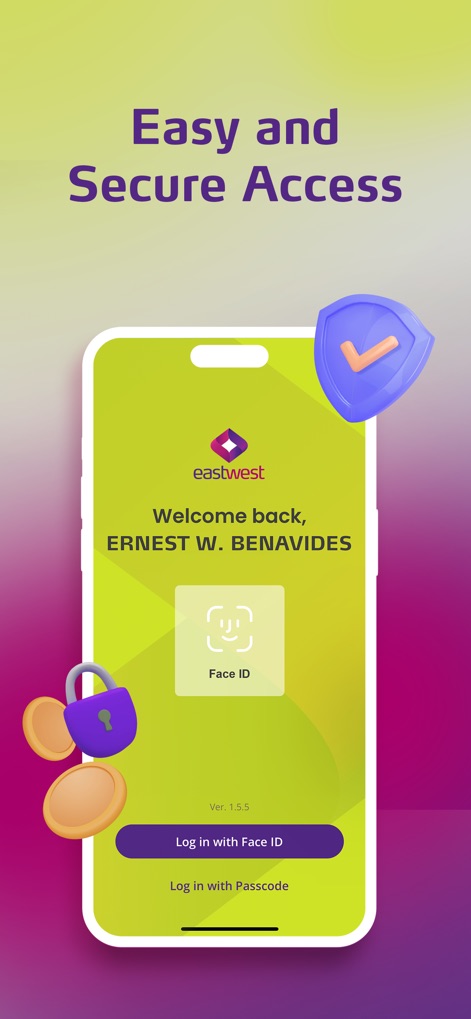 EastWest EasyWay - This display demonstrates the app's secure access mechanisms, offering quick login via 'Face ID' and showcasing protective shield and lock icons for user assurance.