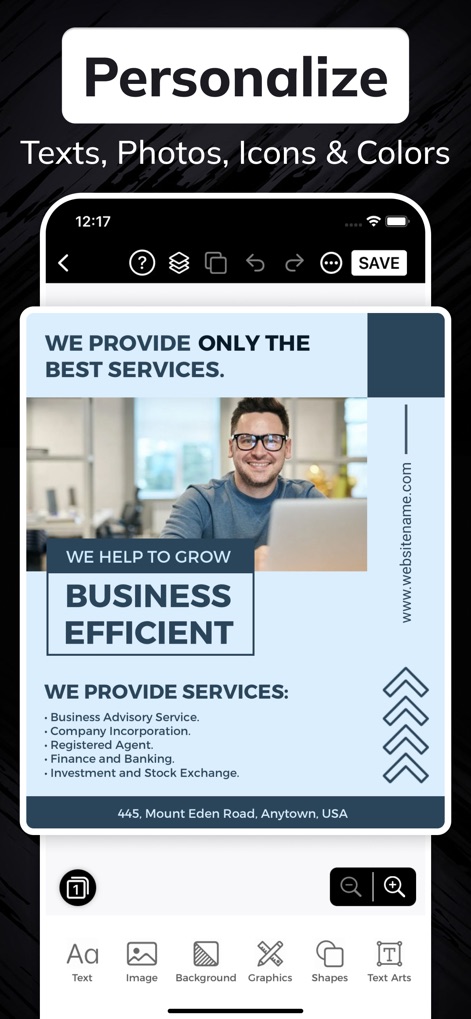 Flyer Maker + Poster Maker - Esta pantalla detalla las opciones de personalización, permitiendo a los usuarios ajustar 'Texts' y 'Photos' en sus diseños, garantizando que cada folleto sea único y adaptado a su marca.