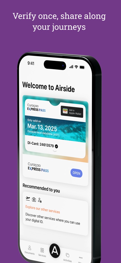Airside Digital Identity - Users can view active digital credentials like the 'Curaçao EXPRESS PASS' with its validity date and integrate it with 'Apple Wallet' for enhanced convenience.