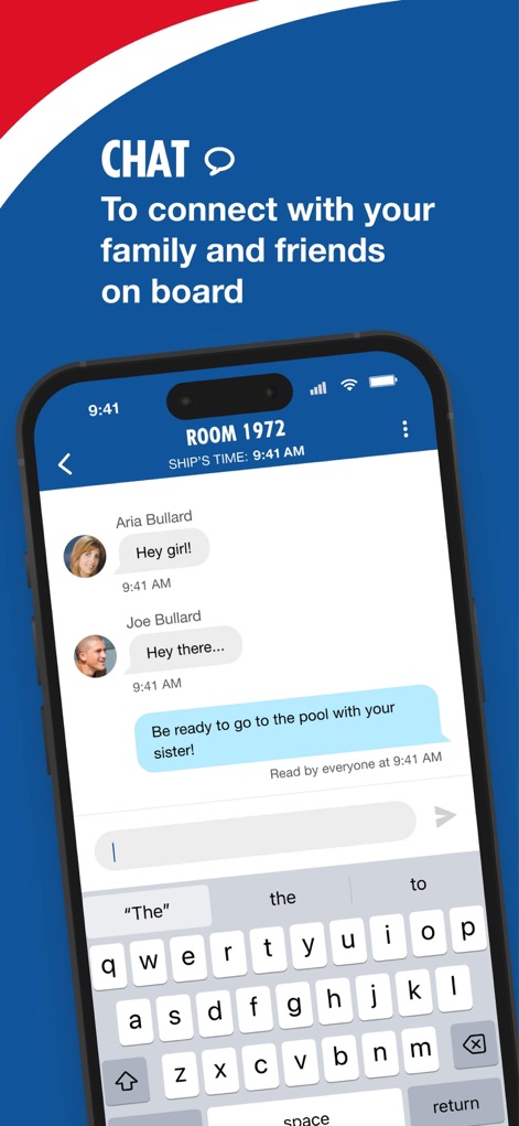 Carnival HUB - Die App ermöglicht es Nutzern, mit Freunden und Familie in Kontakt zu bleiben, wie die Beispiel-Chat-Konversation in „Room 1972“ zeigt, unterstützt durch eine übersichtliche Tastatur für schnelle Nachrichten.