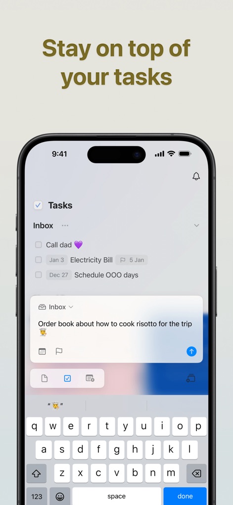 Craft: Notes, Documents, AI - Les utilisateurs peuvent gérer leurs priorités grâce à un système de tâches intégré visible dans la boîte de réception ("Inbox"), facilitant la capture et le suivi des actions avec des fonctionnalités comme l'ajout de dates d'échéance.