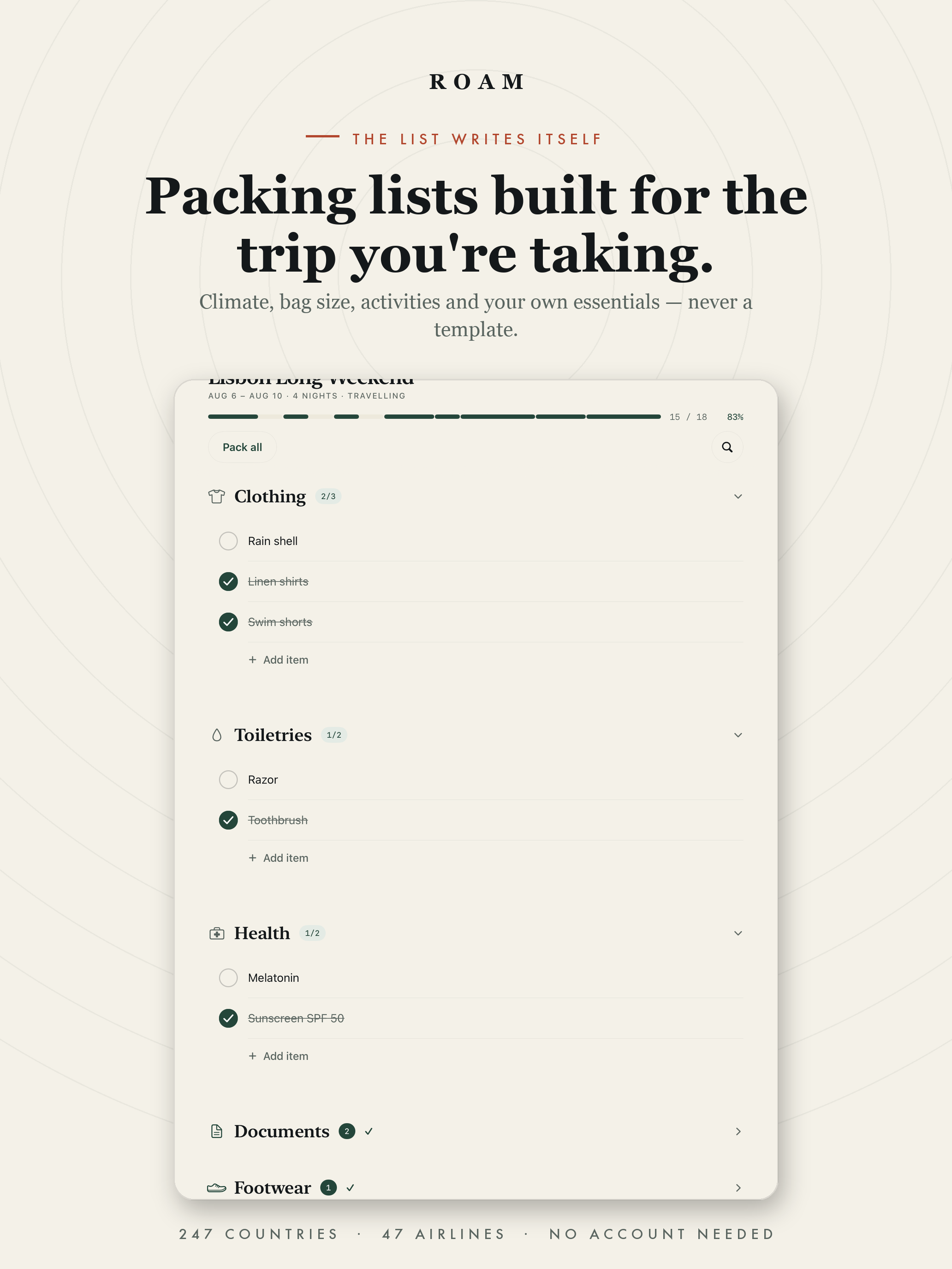Roam: Travel Packing Lists screenshot 14