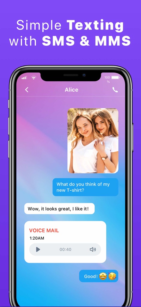 Text App: Wifi Calling+Texting - Experience versatile messaging with the app's support for clear picture message display and a convenient integrated voicemail player, enhancing conversational flow.