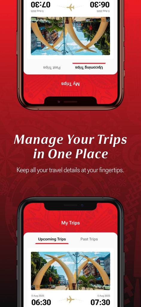 Kenya Airways - Cette section 'My Trips' offre une vue d'ensemble claire des 'Upcoming Trips' et des 'Past Trips', présentant chaque voyage sur une carte visuelle distincte avec les horaires et destinations.