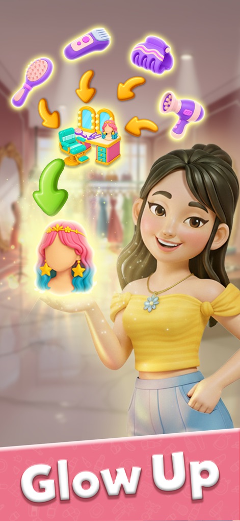 Glow Tales: Merge & Makeover - Los usuarios pueden ver la progresión de las transformaciones, donde herramientas de belleza como secadores y cepillos giran alrededor de un icono de cabeza brillante que simboliza el 'Glow Up'.