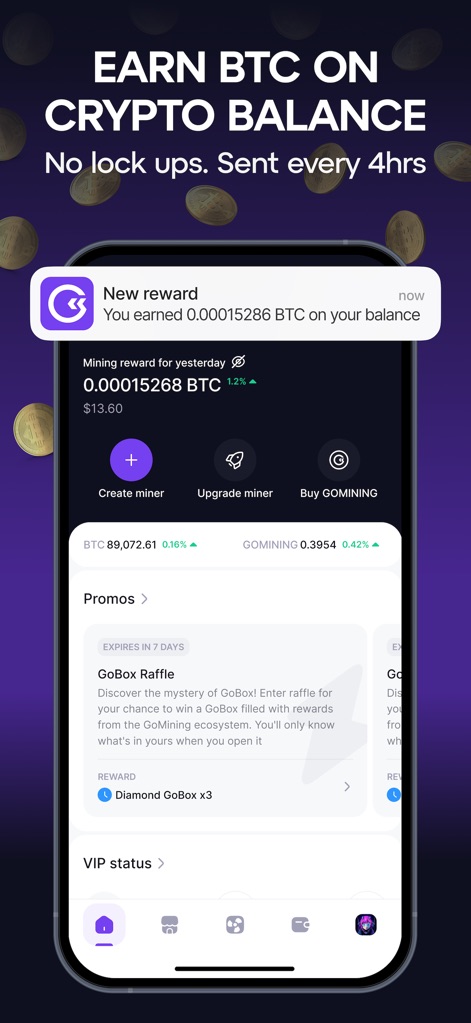 GoMining: BTC Mining & Finance - Users receive immediate notifications for 'New reward' earnings, while the 'Promos' section highlights engaging opportunities like the 'GoBox Raffle' to maximize returns.