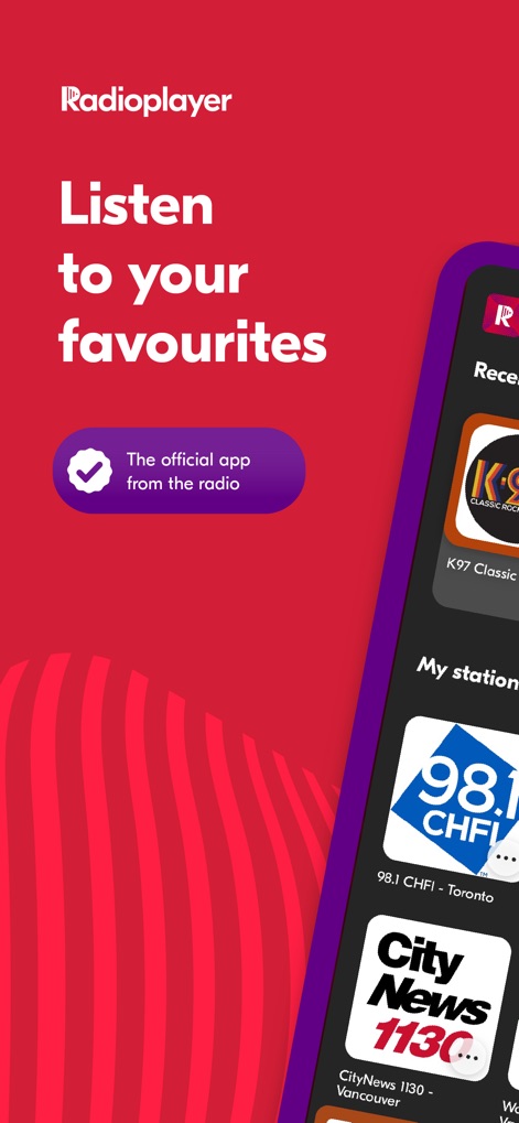 Radioplayer - Radio & Podcast - This screenshot highlights the app's official radio industry badge and easy access to recently played and personalized station lists.