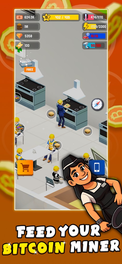 Bitcoin Miner Bro - Tycoon - The app shows dedicated kitchen areas where workers are fed, highlighting the importance of staff management and well-being.