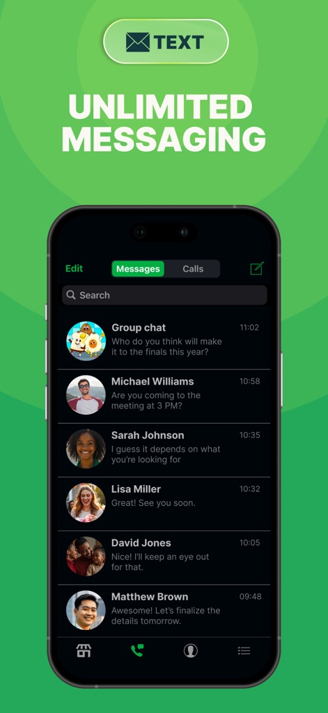textPlus: Text Message + Call - La vista principal de "Mensajes Ilimitados" organiza las conversaciones por contactos y chats grupales, permitiendo una gestión eficiente, y la "Barra de navegación inferior" facilita el acceso rápido a las secciones clave de la aplicación.