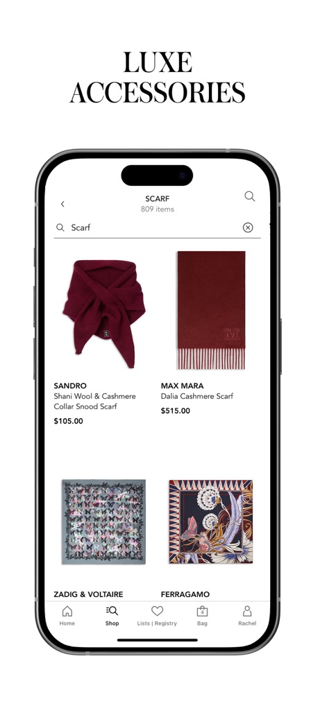 Bloomingdale's: Online Store - Discover "LUXE ACCESSORIES" through the app, featuring a variety of elegant scarves from top designers with clear pricing and brand information.