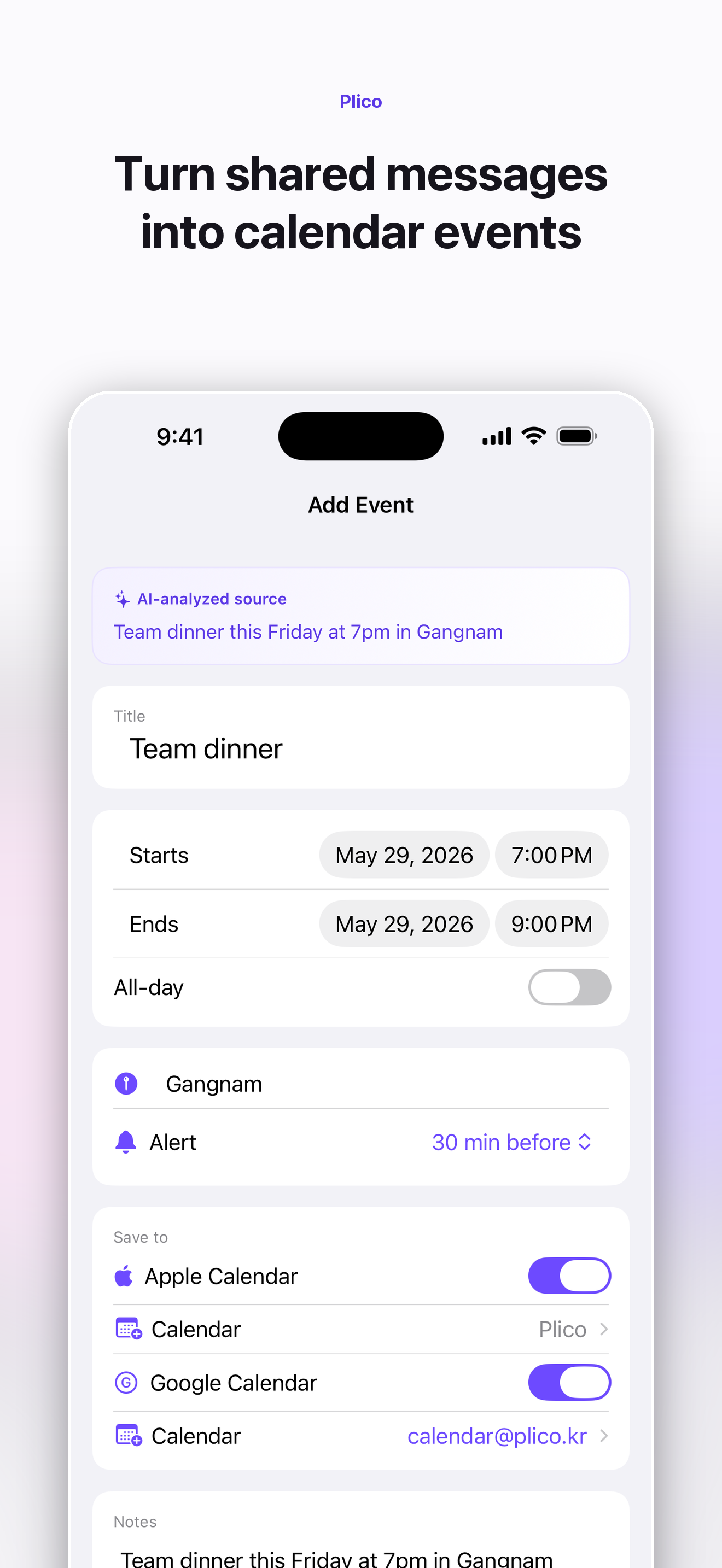 Plico - Messages to Calendar
