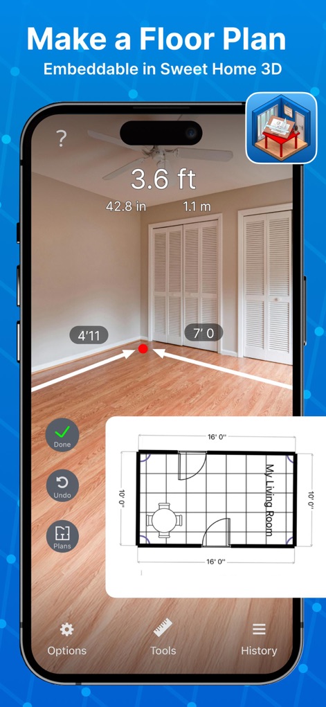 Tape Measure® - This tool empowers users to generate precise floor plans in augmented reality, overlaying real-time dimensions and visualizing a generated plan within the interface.