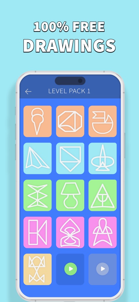 One Line: Drawing Puzzle Game - Users can explore diverse '100% Free Drawings' organized into accessible level packs, revealing a colorful grid of varied puzzle icons ready for selection.
