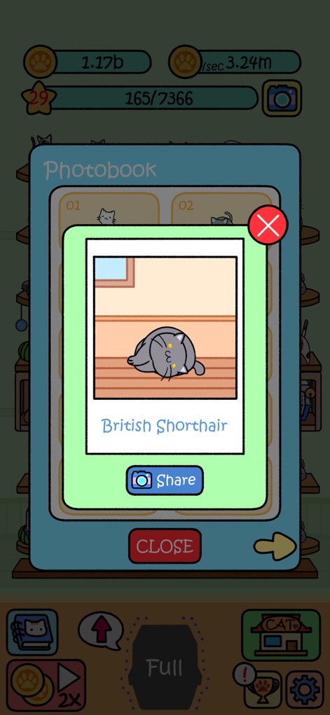 Cat Condo - O aplicativo oferece um "Photobook" detalhado, onde os jogadores podem visualizar um Gato British Shorthair e ter a opção de compartilhar suas descobertas.