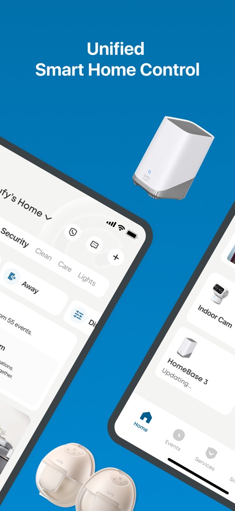 eufy - The app offers a seamless control experience, consolidating smart home categories like Security and Clean, alongside various device integrations such as the HomeBase.