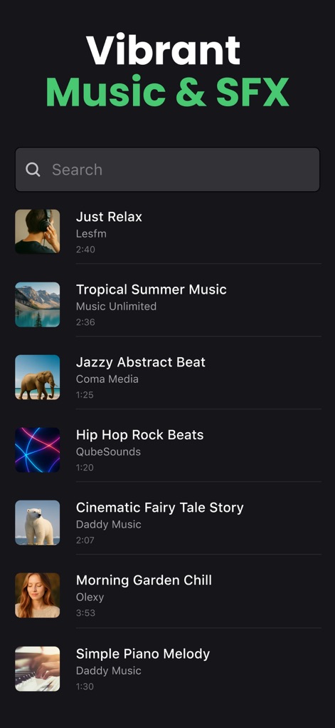 Clideo: Video Editor for Reels - Set the perfect mood for videos by exploring the vibrant music and SFX library, featuring clear track duration information for precise timing.