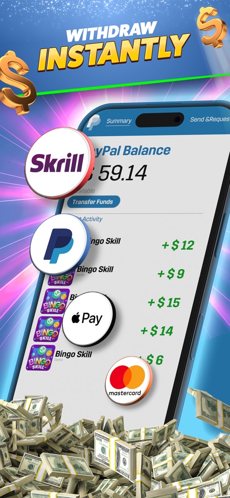 Bingo, Solitaire - Cash Games - Esta herramienta muestra una pantalla de retiro con opciones populares como PayPal y Skrill, junto a un historial de transacciones de "Bingo Skill".