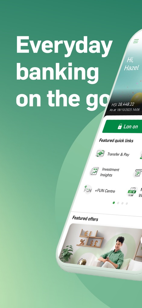 Hang Seng Personal Banking - The app presents a personalized welcome with "Hi, Hazel!" and immediate access to essential functions like "Transfer & Pay" quick links.