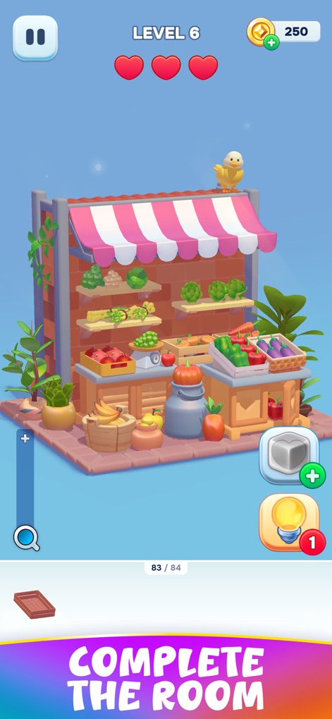 Decolore - Observe the detailed market stall, complete with a striped awning and a vibrant array of fruits and vegetables.