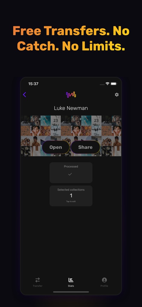 FreeYourMusic: Move Playlists - La aplicación optimiza la interacción con las colecciones transferidas, ofreciendo botones prominentes como "Open" y "Share" para un acceso y distribución rápidos, y un indicador "Processed" que confirma la finalización exitosa de la tarea.