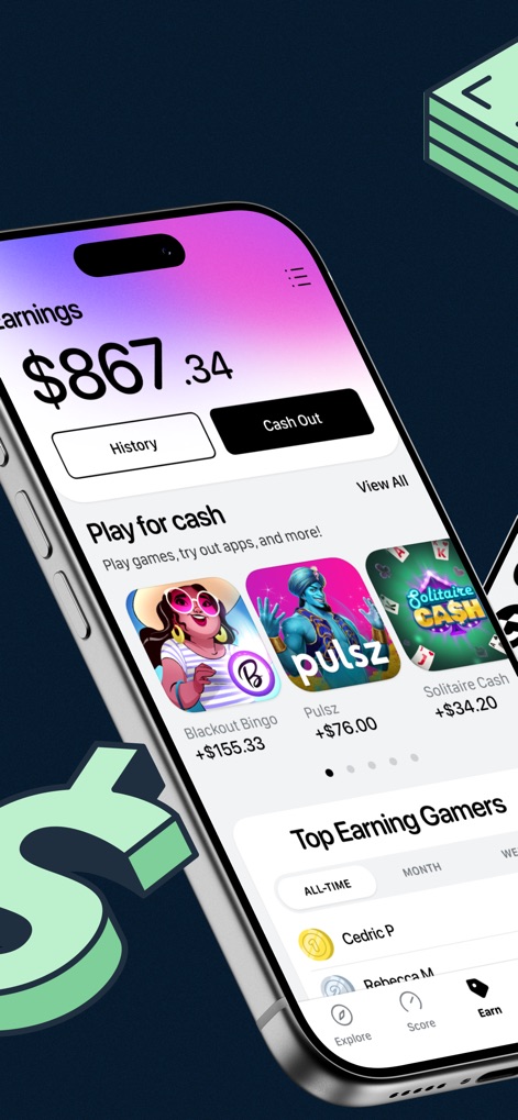 True Finance: Cash Advance - 사용자는 이 화면에서 현재까지의 총 수익 $867.34를 확인하고, Blackout Bingo와 같은 게임을 통해 추가 현금을 벌 수 있는 다양한 기회를 탐색할 수 있습니다.