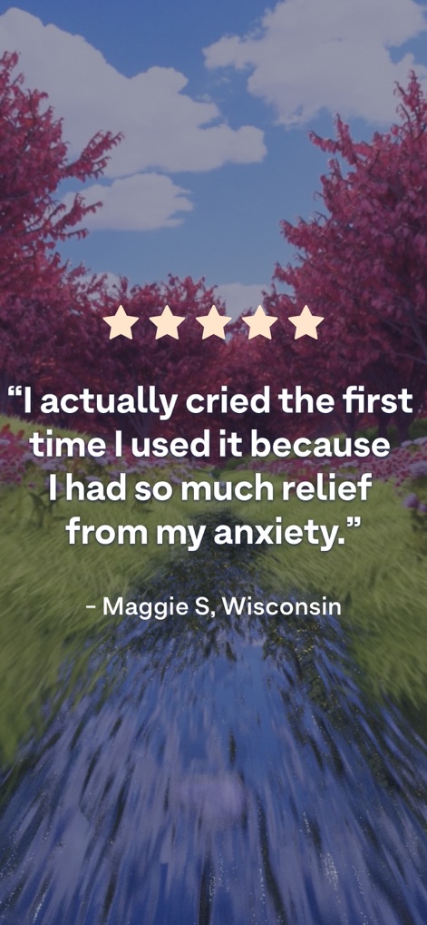 Breethe: Sleep & Meditation - La schermata presenta una potente "testimonianza utente" con 5 stelle, sottolineando il profondo sollievo dall'ansia provato da "Maggie S, Wisconsin".