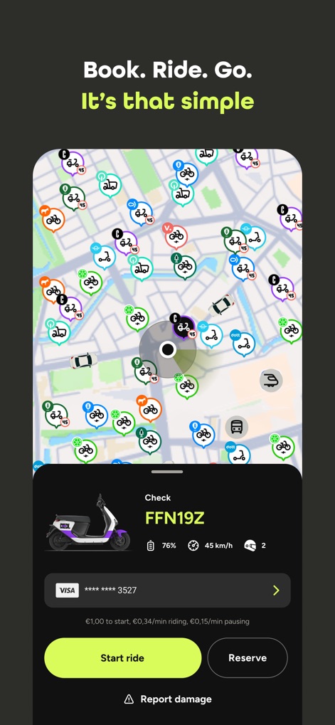 umob – all rides in one app - The app provides instant access to vehicle details, including battery percentage and the "Start ride" button, streamlining the booking process for users.