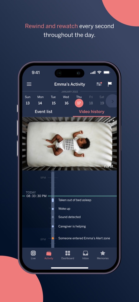 Nanit - Review 'Emma's Activity' with a detailed video history and event timeline, clearly marking occurrences like "Taken out of bed asleep" and "Woke up."