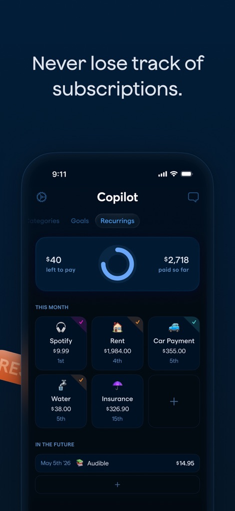 Copilot: Track & Budget Money - The app ensures users stay informed about recurring expenses by detailing both 'left to pay' and 'paid so far', alongside a clear list of individual subscriptions like 'Spotify' and 'Rent'.