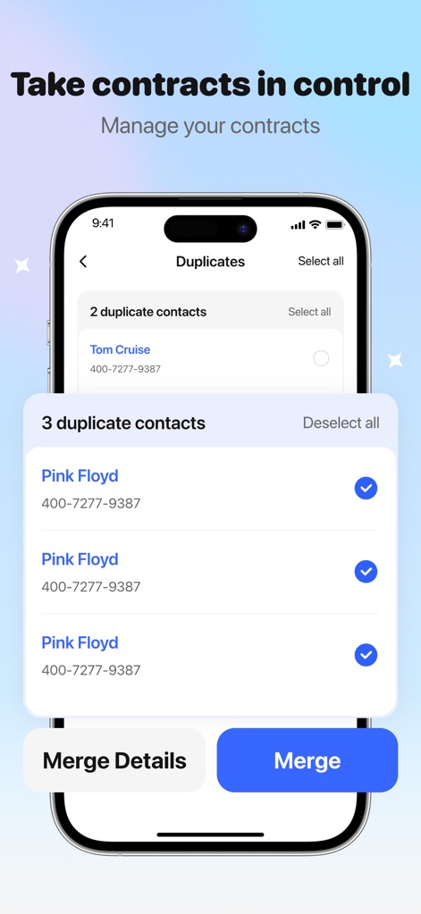 AI CleanKit: Phone Cleaner Pro - The smart contact cleaner helps users streamline their address book, accurately identifying duplicate contact entries and providing clear options to merge them.
