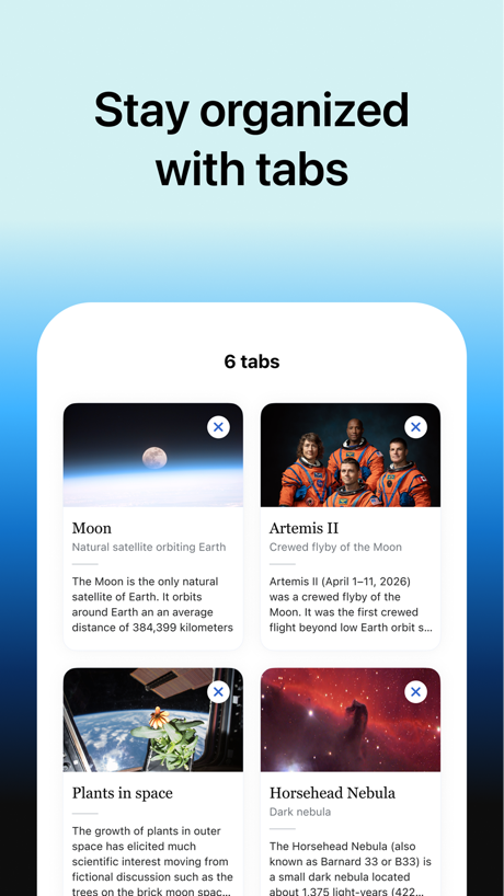 Wikipedia App Store screenshot 2, headline “Stay organized with tabs”. Leads with an outcome.