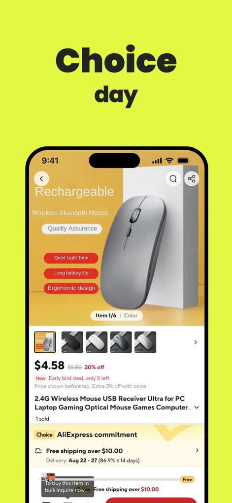 AliExpress - Shopping App - Examine premium items highlighted during "Choice day," showcasing key product attributes like "Quality Assurance" and efficient "Choice shipping" for selected goods.