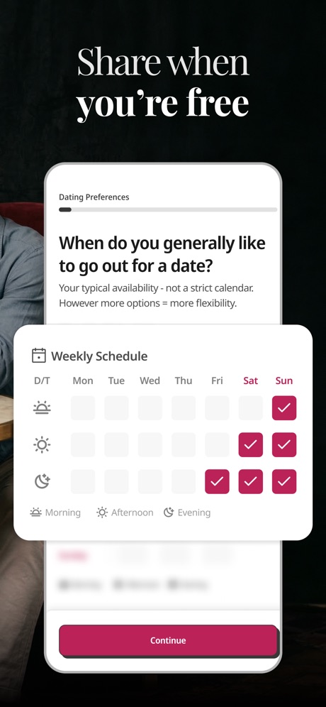 Hunch Dating App: Vibe & Meet App Store screenshot 2, headline “Share when you're free”. Serif headline.