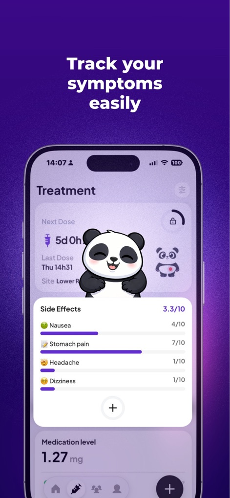 OzemPro: GLP1 Tracker - Esta interface permite registrar e monitorar os efeitos colaterais do tratamento, exibindo uma lista de sintomas como náuseas e dores de cabeça com suas respectivas pontuações.