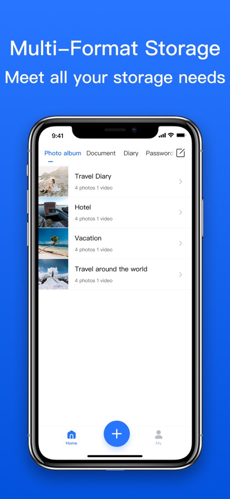 Secret Safe Lock Vault Manager - Explore the multi-format storage capabilities, showcasing dedicated tabs for photo albums, documents, diaries, and passwords.