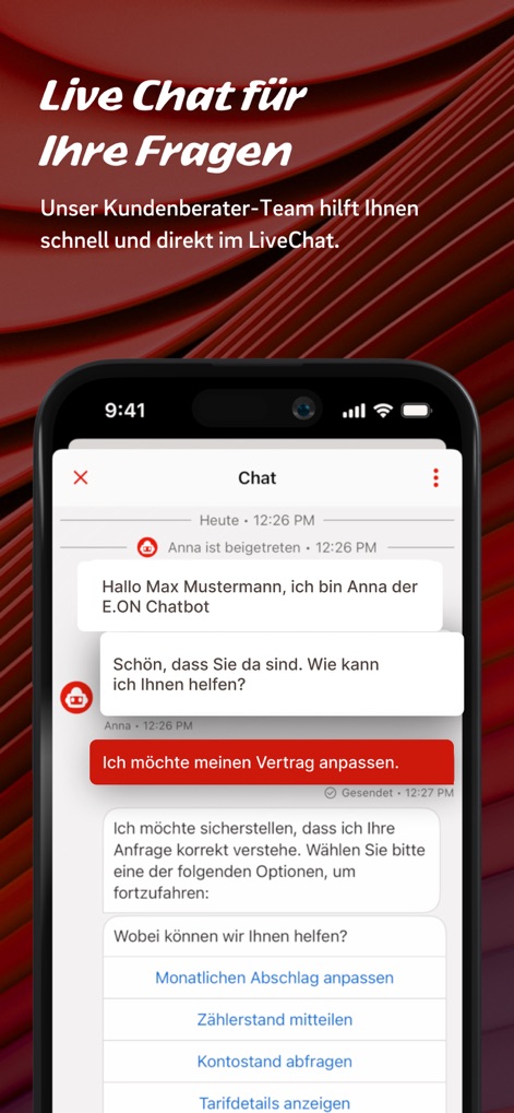 Mein E.ON - For immediate assistance, the app integrates a live chat feature where users can interact with chatbot Anna and choose from pre-defined query options like 'Monatlichen Abschlag anpassen' and 'Zählerstand mitteilen'.