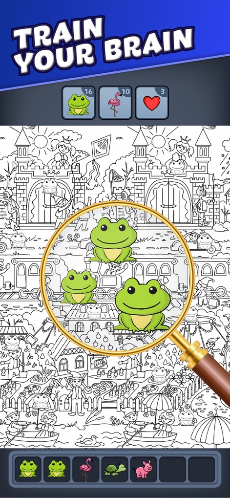 Triple Match City - This app highlights the detailed search experience with a magnifying glass feature and the precise collection of three identical frog icons in the bottom tray.