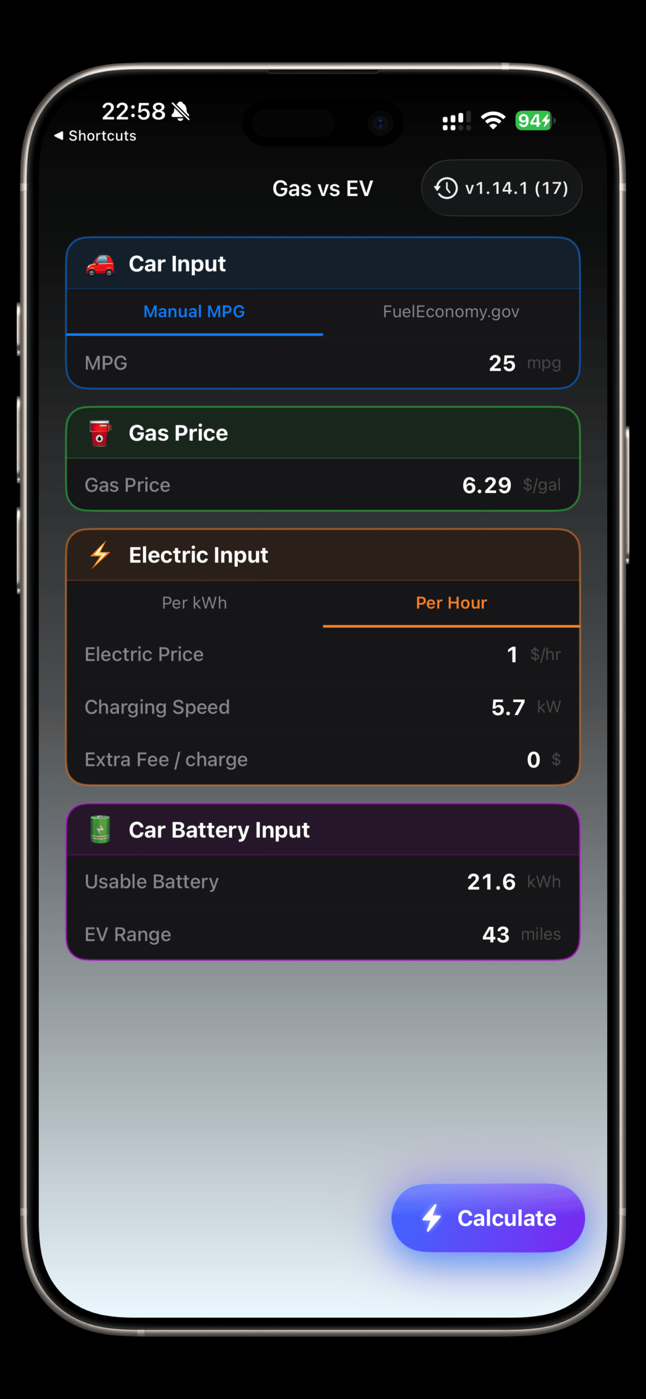 Gas vs EV: Breakeven screenshot 3