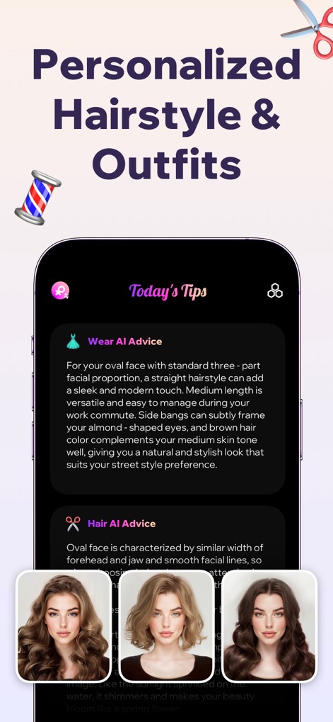Prookie: Hair AI Hairstyle app - Esta función proporciona asesoramiento personalizado basado en IA, sugiriendo 'Consejos de AI para el Cabello' y 'Consejos de AI para Vestimenta' que complementan la forma facial del usuario y sus preferencias de estilo.