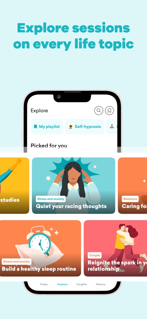 MindDay: Mental Health, Stress - L'application offre une vaste bibliothèque de sessions couvrant divers aspects de la vie, permettant aux utilisateurs d'explorer la gestion de l'anxiété et l'amélioration du sommeil via des cartes thématiques illustrées.